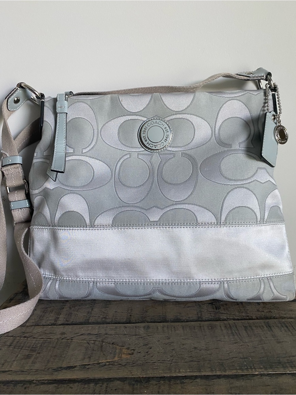 Coach Signature Gray Silver Monogrammed Crossbody Bag #E1280-F19450 Authentic
